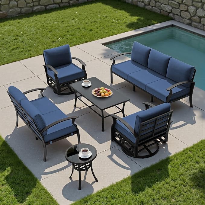 Kullavik Aluminum Patio Furniture Set,6 Piece Modern Metal Outdoor Patio Furniture w/5.1'' Thick Cushion,Swivel Chairs and Rectangular Coffee Table,Patio Conversation Sets for Porch,Deck,NavyBlue