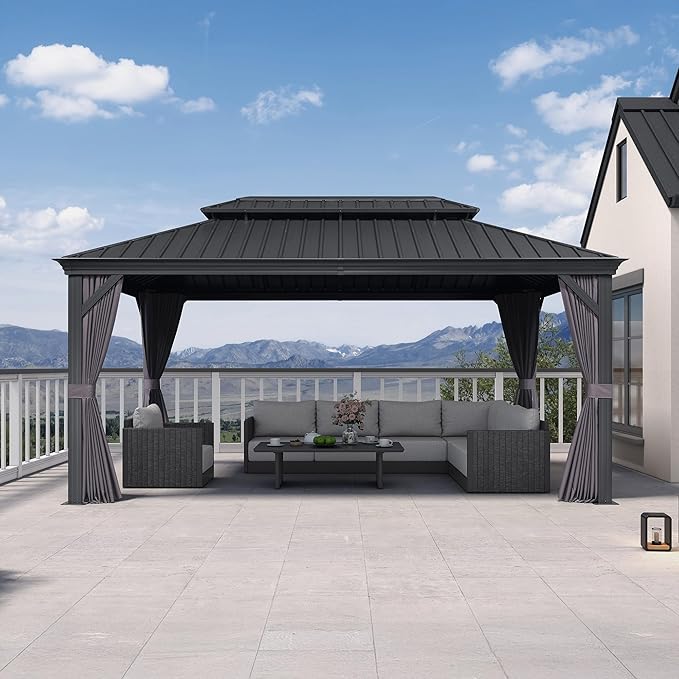 PURPLE LEAF 10' X 16' Hardtop Gazebo Aluminum Frame Gazebo with Galvanized Steel Double Roof for Patio Lawn and Garden Curtains and Netting Included Grey
