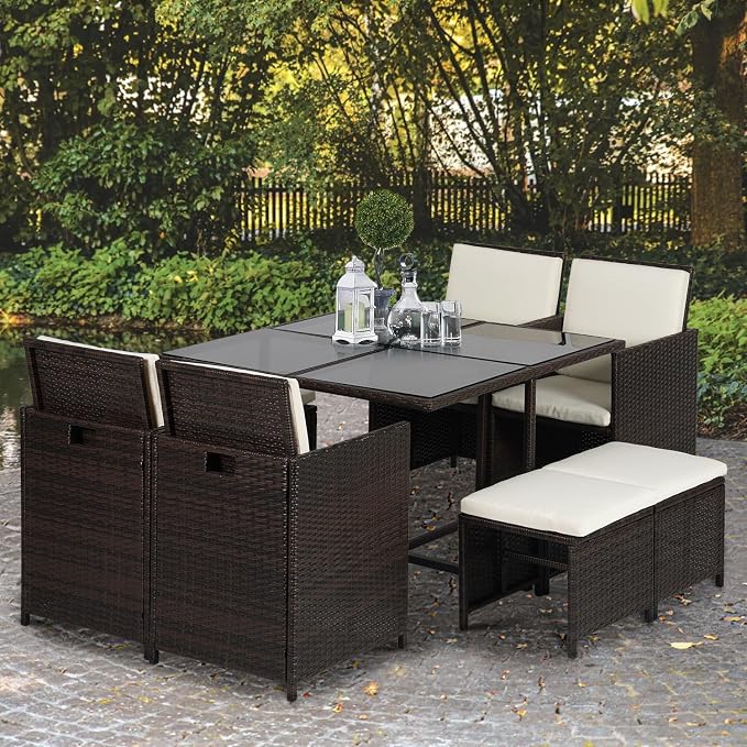 Patio Table and Chairs Set Outdoor Patio Furniture Set Patio Dining Sets 9 Pieces Space Saving Outdoor Dining Set with 4 Chairs 4 Ottomans Glass Table for Outdoor Backyard Porch Poolside Balcony,Khaki