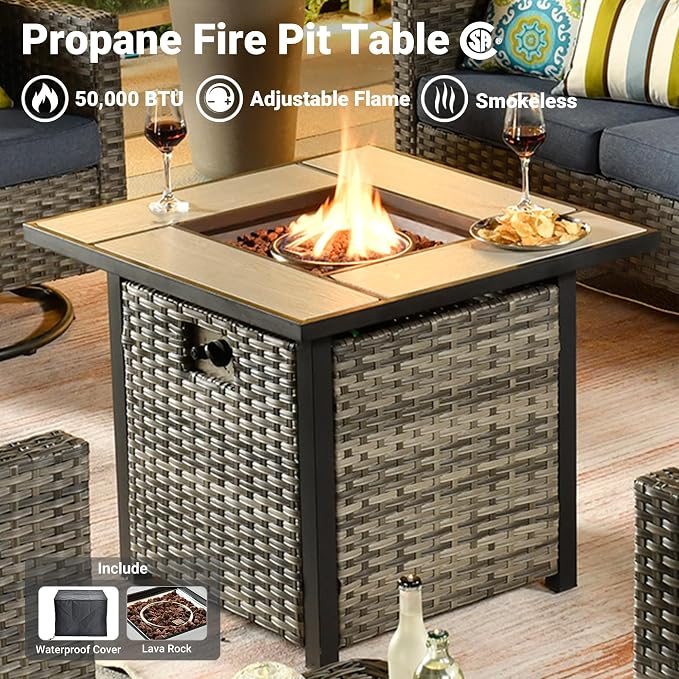 ovios 5 Pieces Patio Furniture Set, Outdoor Wicker Rattan Sofa Couch with 30" Fire Pit Table, Loveseat Chairs, Conversation Sets for Yard Porch Garden, Denim Blue