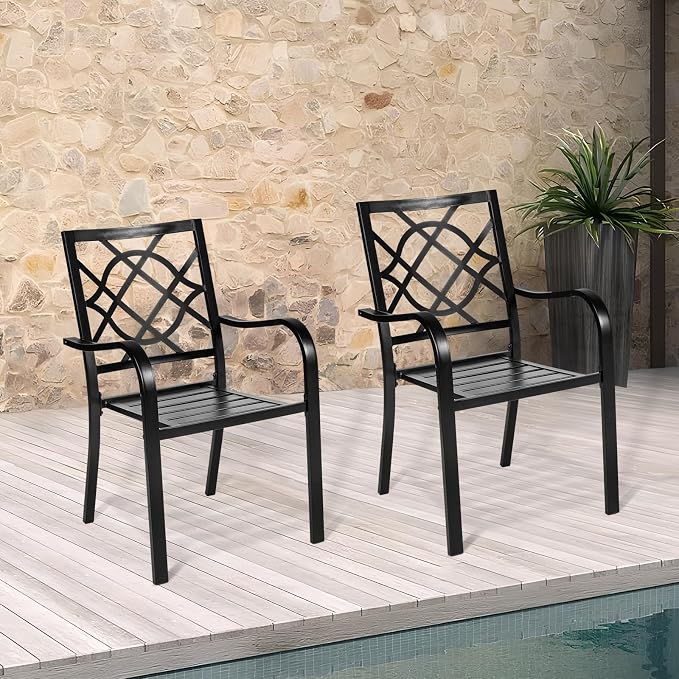 SUNCROWN 4 Pieces Wrought Iron Black Chairs 300 Lbs Outdoor Dining Chairs, Patio Metal Stackable Chair with Armrest for Backyard, Garden, Poolside