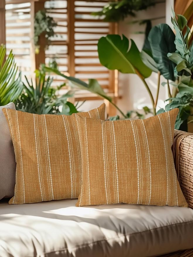 Waterproof Outdoor Pillow Set of 2 Orange Linen Stripes Decorative Throw Pillows Cover & Insert 16x16 Inch Pillowcase Parallel Vertical Lines Pillows for Couch Sofa Bed Patio Furniture Indoor Outdoor