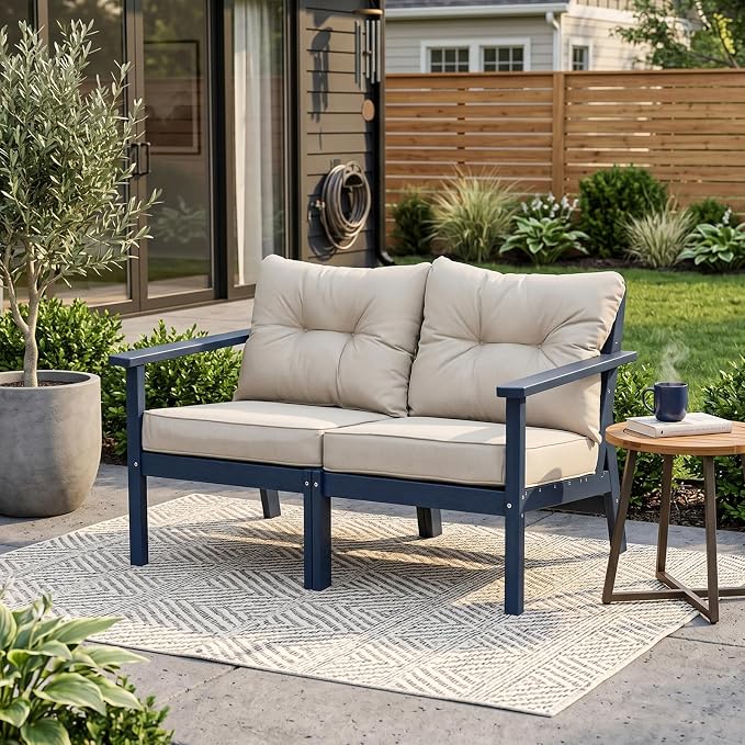 2 Seat HDPE Patio Loveseat, Outdoor Conversation Bench, Patio Furniture | Water-Resistant Thick Cushion, HDPE All Weather, Wood-Grain, No Rot or Rust or Crack, UV Fade Shield, Easy-Clean for Outside