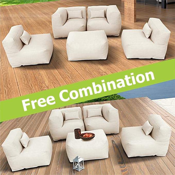 Patio Furniture Set Bean Bag Chairs Calaluna 5PC Outdoor Chairs Sectional Conversation Patio Set Daybed Furniture Outdoor Sofa Couch High Density Foam Filling Modern Comfy Patio Couch (Light Beige)
