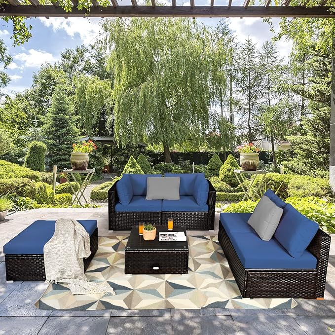 Tangkula 6 Piece Patio Furniture Set, Outdoor Deck Lawn Backyard Durable Steel Frame PE Rattan Wicker Sectional Sofa Set, Conversation Set with Coffee Table (Navy)