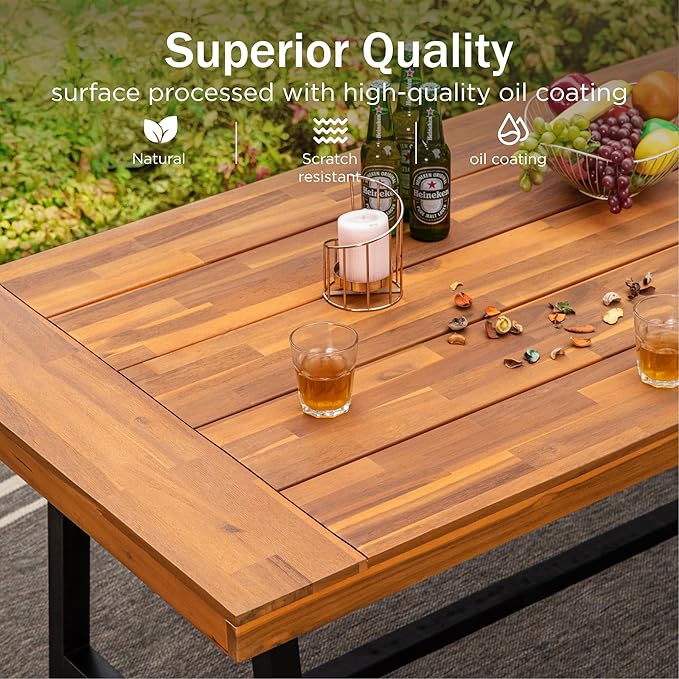PHI VILLA Outdoor Dining Set for 6, Wicker Chairs & Acacia Wood Table | 1 Acacia Wood Table & 6 Cushioned Rattan Chairs, Outdoor Dining Furniture Set for Deck, Yard or Indoor