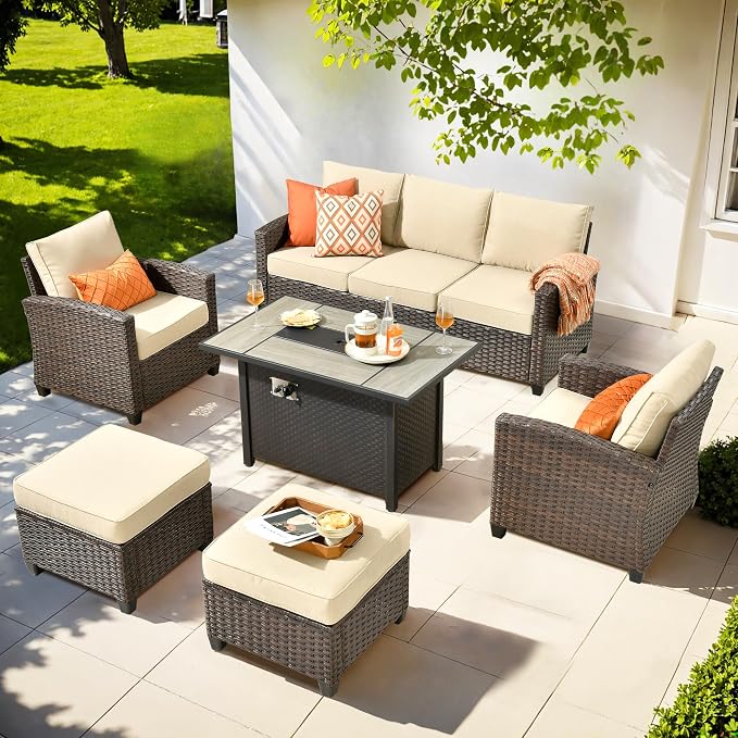ovios 6 Pieces Patio Furniture Set, Outdoor Wicker Sofa Couch with 42" Fire Pit Table Comfy Cushions, All Weather Brown Rattan Conversation Set for Backyard Deck, Beige