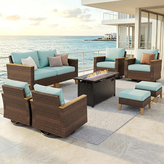 PHI VILLA Wicker Patio Furniture Set with Swivel Chairs, 9 Pieces Outdoor Conversations Set with 45" Fire Pit Table, Oversized Rattan Patio Sectional Sofa with Ottoman, Aqua Blue Cushion