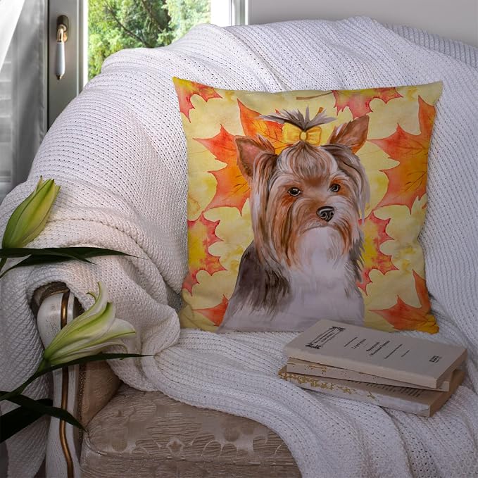 Caroline's Treasures BB9984PW1414 Yorkshire Terrier #2 Fall Fabric Decorative Pillow, Yellow Machine Washable, Indoor Outdoor Decorative Pillow for Couch, Bed or Patio, 14Hx14W