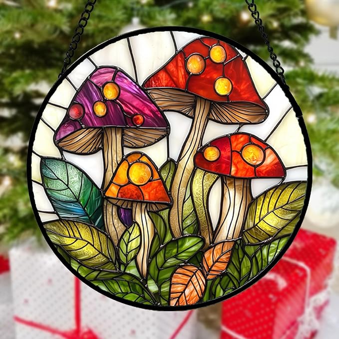 DASTOLL Stained Glass Window Hanging, Mushroom Leaves Suncatcher for Doors Home Sun Catchers Decoration and Christmas, Mother's Day Birthday Gifts for Women, Men, and Mom 14.9x14.9 in