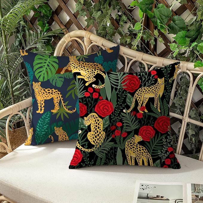 Outdoor Waterproof Throw Pillow Covers Jungle Leopard Tropical Cushions Pillows Case 18x18 Inch Set of 4 Patio Furniture Pillows Decorative for Home Garden Sofa Couch