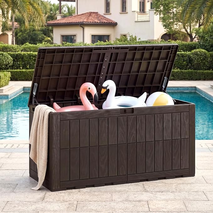 HAPPYGRILL 120 Gal Outdoor Deck Box, Lockable Storage Bin with Lid and Handles, Waterproof and Sun-Protective Patio Bench and Storage Box for Garden Tools Pool Supplies (Dark Brown, 120Gallon)