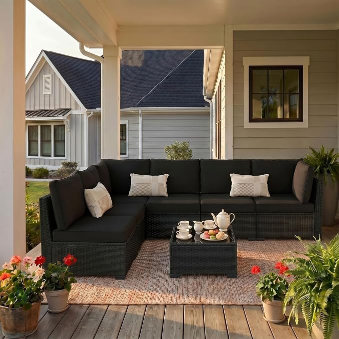 KIGOTY 7-Piece Patio Furniture Set, All-Weather PE Rattan Outdoor Sectional Sofa, Modular Wicker Conversation Set with Thick Washable & Easy-Clean Coffee Table（Black/Black-X）