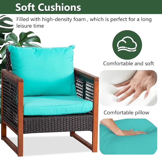 PayLessHere 3 Pieces Patio Set Wicker Patio Furniture Acacia Wood Outdoor Patio Furniture Set Rattan Chair Conversation Sets Bistro Set with Coffee Table and Water Resistant Cushions(Blue)