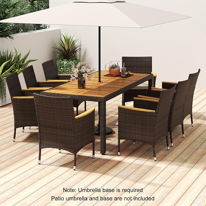 9 Pieces Patio Dining Set for 8, Outdoor Acacia Wood Table and PE Rattan Chairs with 2" Umbrella Hole, Cushions, Wicker Outdoor Dining Furniture Set for Backyard, Garden, Deck(Beige)