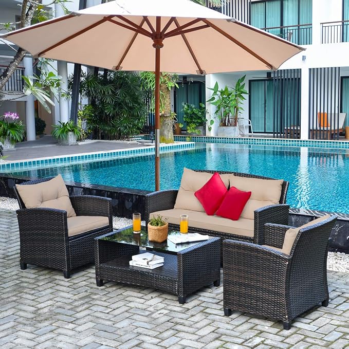 Tangkula 4-Piece Outdoor Rattan Furniture Set, PE Rattan Wicker Sectional Sofa with Loveseat Chair & Glass Table, Patio Cushioned Conversation Sets for Backyard Porch Garden Poolside (1, Brown)