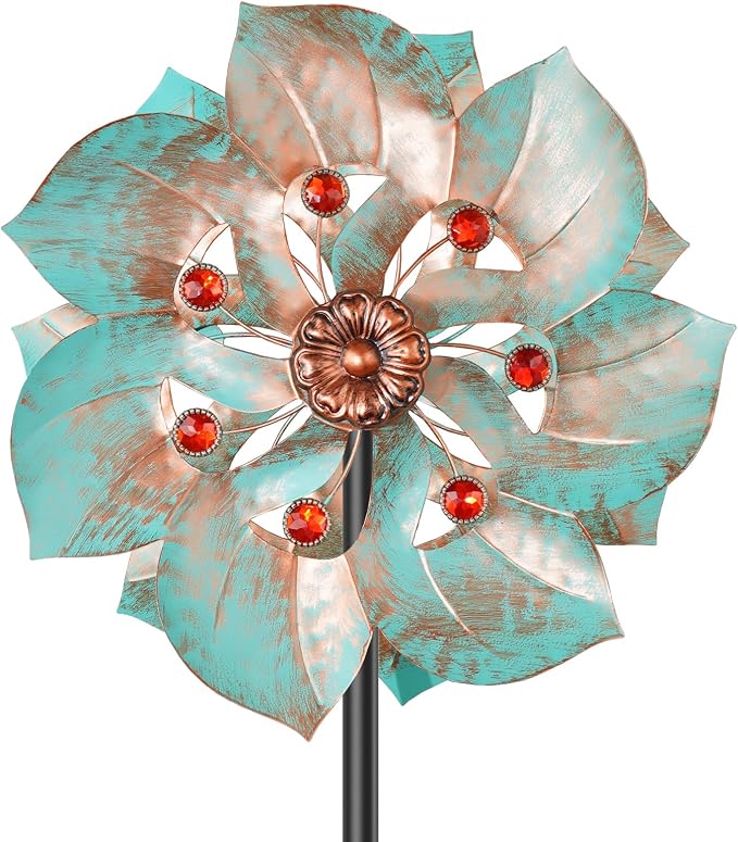 Wind Spinners Outdoor, Retro Green 2‑Blade Kinetic Wind Sculpture with Red Gems, Dual‑Direction Windmill with 5‑Prong Base, Height Adjustable Yard Art for Lawn Patio Garden, 12.6" W x 63" H