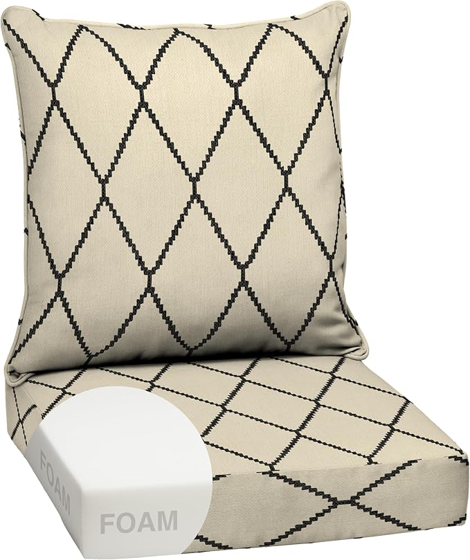 Arden Outdoor Deep Seat Cushion Set, Foam, 24x24, Tan Trellis | Sofa, Couch, Conversation Set, Premium High-Density Foam, Never Flattens, Mold and Mildew Resistant