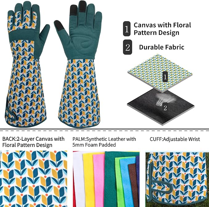 Thornproof Rose&Cactus Gardening Gloves,Gauntlet Garden Glove,Gifts | Canvas,Cute Floral Pattern,Leather Palm,Touchscreen,Durable Material,Garden Gift,Men&Women,Machine Washable,Adjustable Cuff
