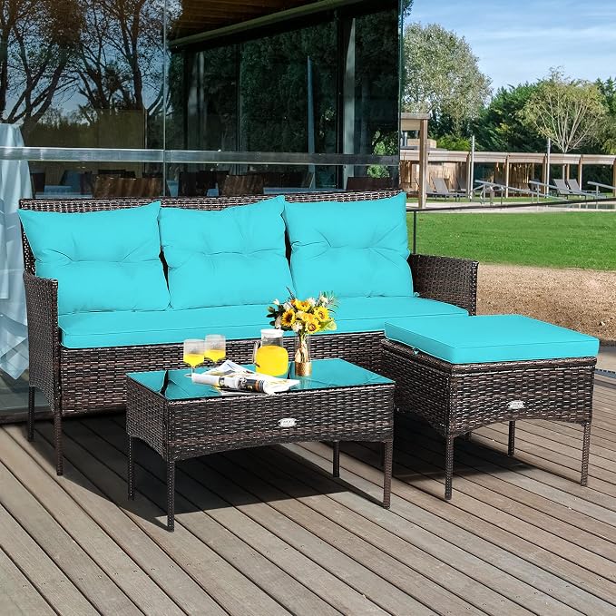 HAPPYGRILL 3 Piece Outdoor Rattan Conversation Set Patio Furniture Set with Tempered Glass Coffee Table, 5 Elastic Seat & Back Cushions, Sectional Sofa Set for Poolside Balcony Backyard