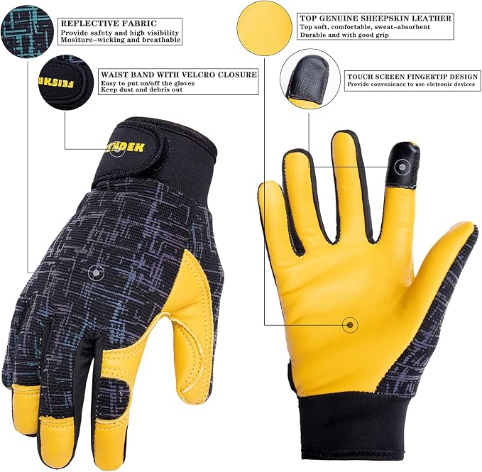 Kids Genuine Leather Work Gloves Age 2-12, Touchscreen, Reflective | Sheepskin Leather, Velcro Design, Breathable, Touch Screen, Garden Work, Safety Gloves for Children, Boys, Girls, Toddlers