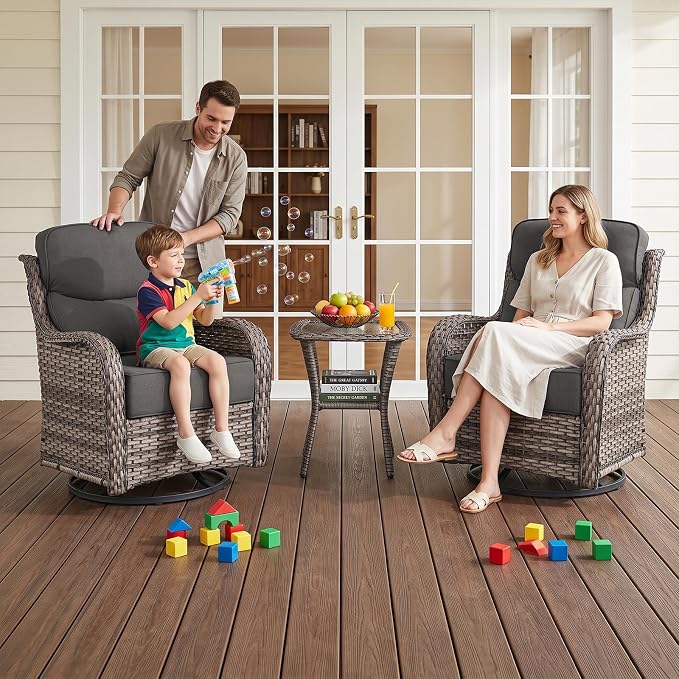 Luxury 7 Piece Wicker Patio Furniture Set with Swivel Rocker and 30“Fire Pit Table - Grey