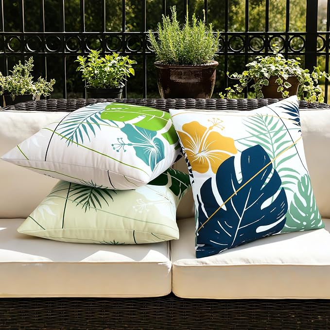 OTOSTAR Outdoor Waterproof Throw Pillow Covers 20x20 Inch Set of 2 Double-Sided Dark Blue Yellow Tropical Leaf and Flower Spring Summer Decorative Pillow Cases for Patio Funiture Garden Balcony Couch