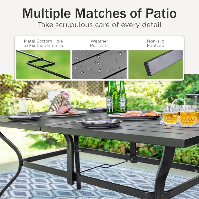 PHI VILLA Patio Dining Set for 6, Large Metal Dining Table with & 6 Outdoor Aluminum Stackable Chairs, Lightweight and Breathable Fabric, Outdoor Dining Set for Deck Porch, Grey