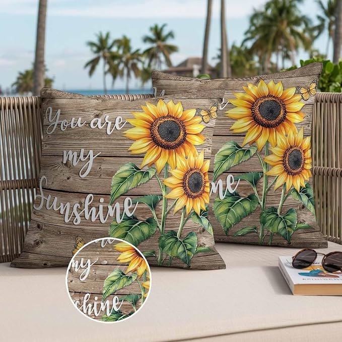 Sunflower Outdoor Waterproof Throw Pillow Covers Set of 2, 16"x16", You are My Sun Shine Vintage Brown Wood Board Decorative Pillow Covers Outside Cushion Case for Patio Porch Garden