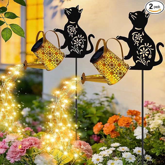 VOOKRY Solar Watering Can Lights Outdoor with Cat Silhouette Stake, Garden Gifts for Mom, Women & Garden Lovers Waterproof Metal Garden Lantern, Decorative Yard Patio Lawn Pathway Decor(2 Pack)