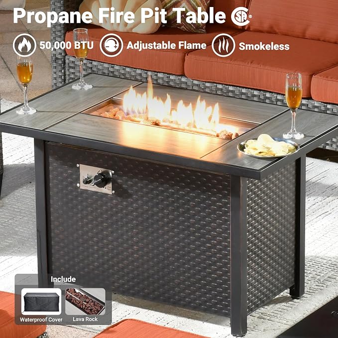 ovios 7 Pieces Patio Furniture Set with 42" Fire Pit Table, Outdoor Wicker Sofa with Swivel Chairs, All Weather High Back Rattan Couch Conversation Set, Orange Red
