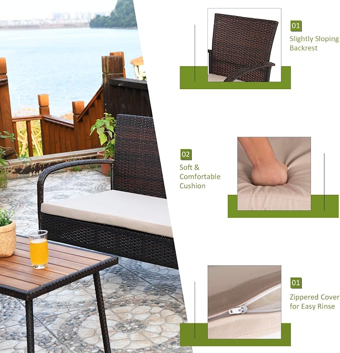 Tangkula 4 PCS Patio Rattan Furniture Set, Outdoor Conversation Set w/Cushions & Acacia Wood Coffee Tabletop, Sectional Sofa Set for Garden, Backyard, Poolside (1, Brown)