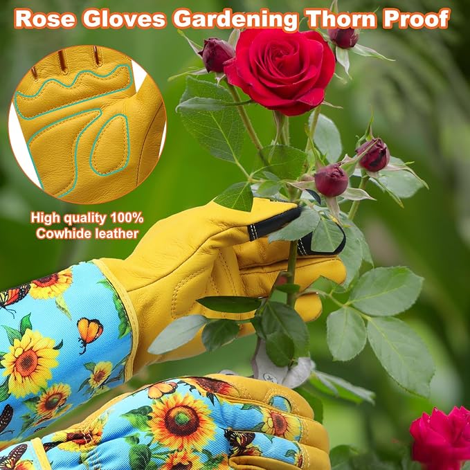 DLY Garden Gloves for Women,Gardening Gloves,Gardening Gift for Lady,Blue,L | Thornproof Cowhide Palm, Foam-Padded Grip, Long Sunflower Print Cuff, 3-Finger Touchscreen, Rose Pruning, Weeding & Yard Work