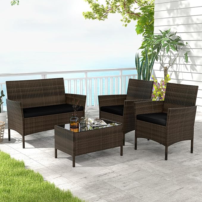 HAPPYGRILL 4 Pieces Outdoor Rattan Conversation Set, Patio Wicker Furniture Set with Loveseat Chairs & Tempered Glass Coffee Table, Outside Sectional Sofa Set for Backyard Garden & Poolside
