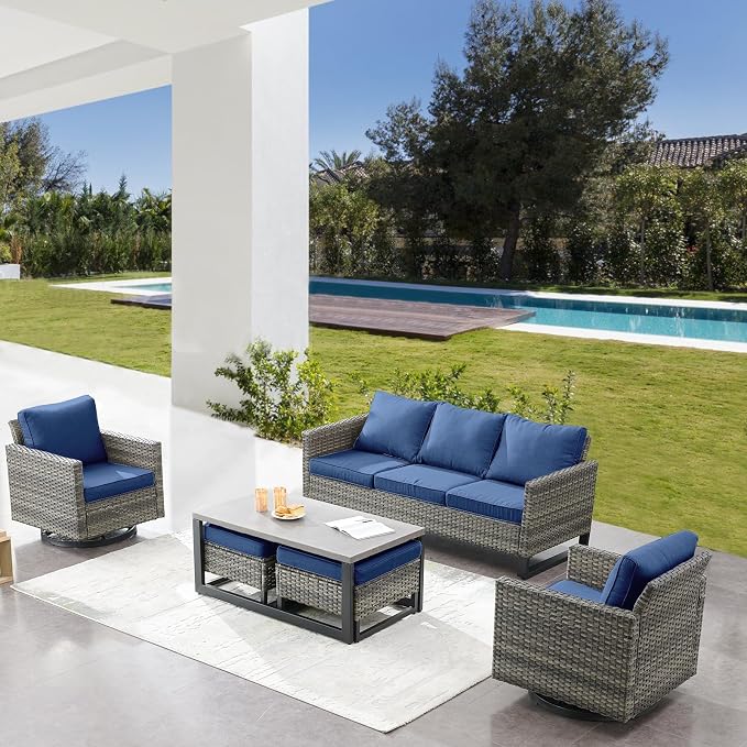Belord 6 Piece Outdoor Furniture Patio Wicker Sofa Set, Oversize Outdoor Swivel Rocker Chairs with Rattan Ottomans, Conversation Sets Patio Furniture Come with Removable Washable Cushion Blue