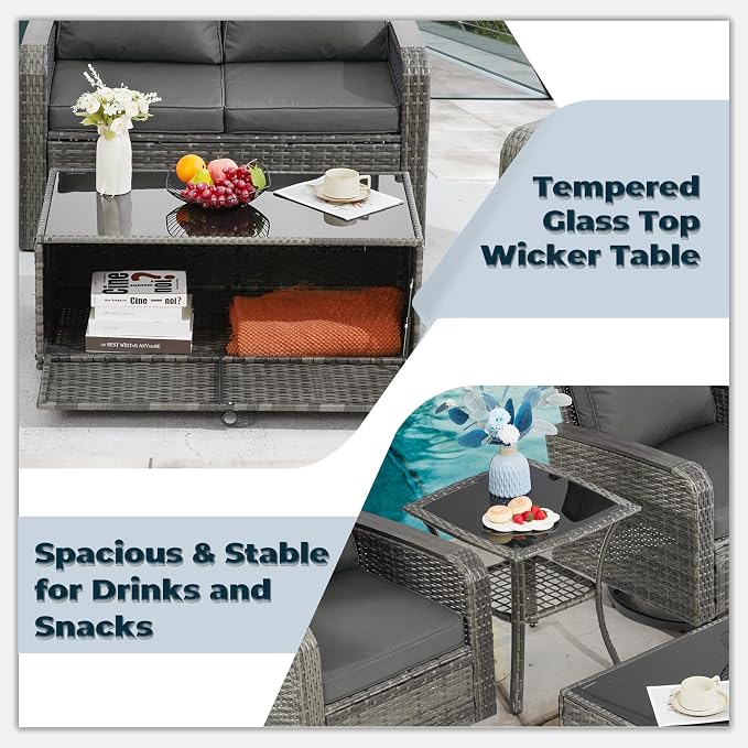 5 Pieces Outdoor Furniture Set with Swivel Chairs, Wicker Patio Furniture Sets for Porch Deck Bistro Lawn Garden Backyard Poolside-Grey Rattan/Grey
