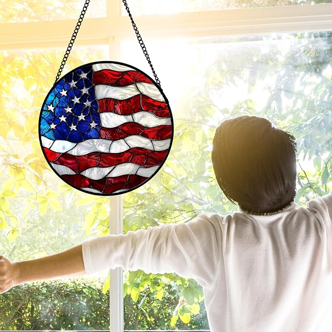 DASTOLL Stained Glass Window Hanging, Blue, White Red National Flag Pattern Sun Catchers Diamond Glass Panel Window Hangings Decor for Birthday Gifts for Women, Men, and Mom 9.8x9.8 in