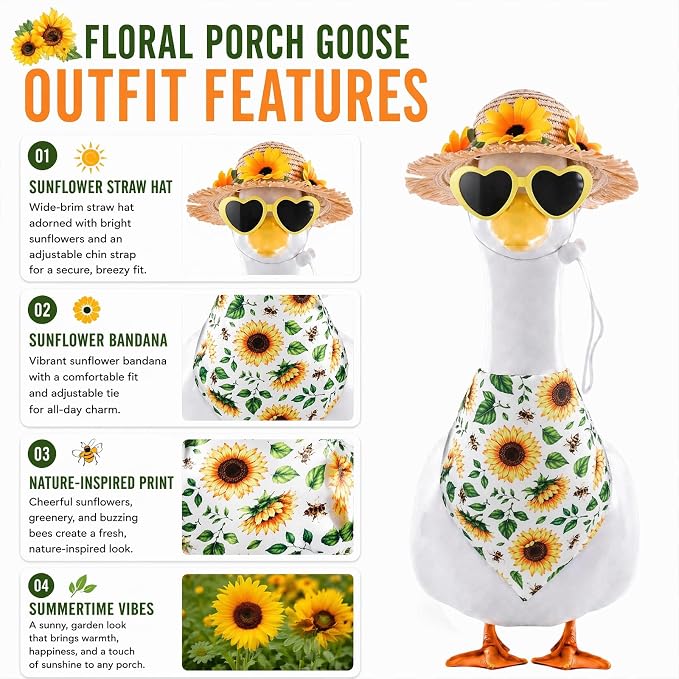 3Pcs Sunflower Outfit for Porch Goose - Fall Autumn Bowknot Straw Hat, Glasses with Bib Accessories for 23'' Cement Statue, Garden Lawn Thanksgiving Halloween Outdoor Decoration