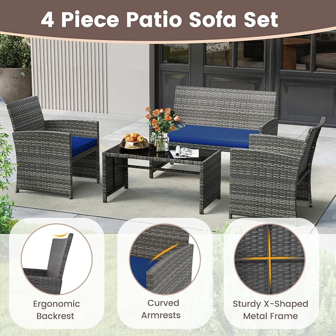 HAPPYGRILL 8 Piece Rattan Wicker Patio Conversation Set, Outdoor Furniture with Chair Loveseat Table & Cushion, for Backyard Porch Balcony (2, Navy)