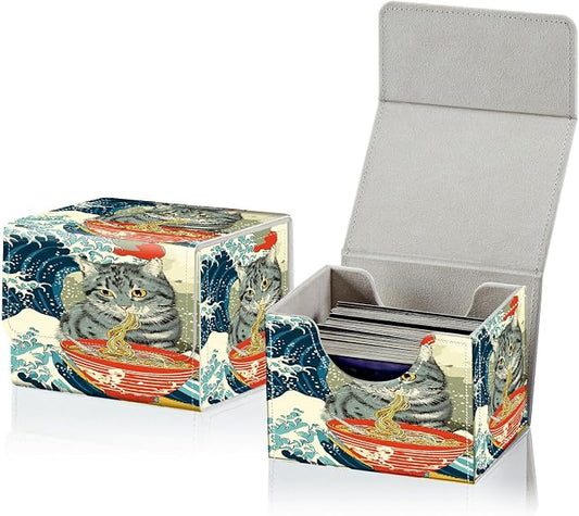 Card Deck Box for MTG, Cards Storage Box Fits 120+ Sleeved, Leather Small Size Strong Magnetic Closing Card Case for Board Games Magic TCG CCG Baseball Collection, Wave Noodles Cat