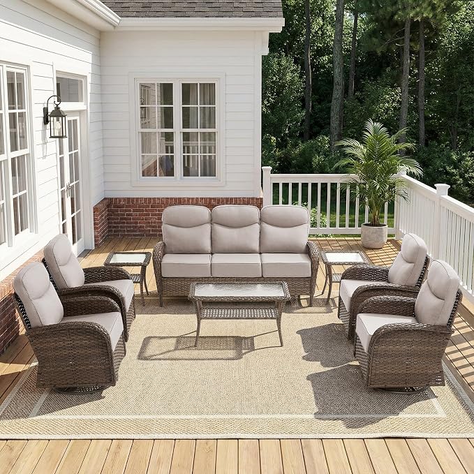 8-Piece Patio Furniture Set with Upgraded 6" Thick Cushion - High Back Outdoor Swivel Rocker Chairs with 3-Seater Sofa, Coffee Table,Wicker Outdoor Conversation Set for Deck, Porch, Yard, Poolside