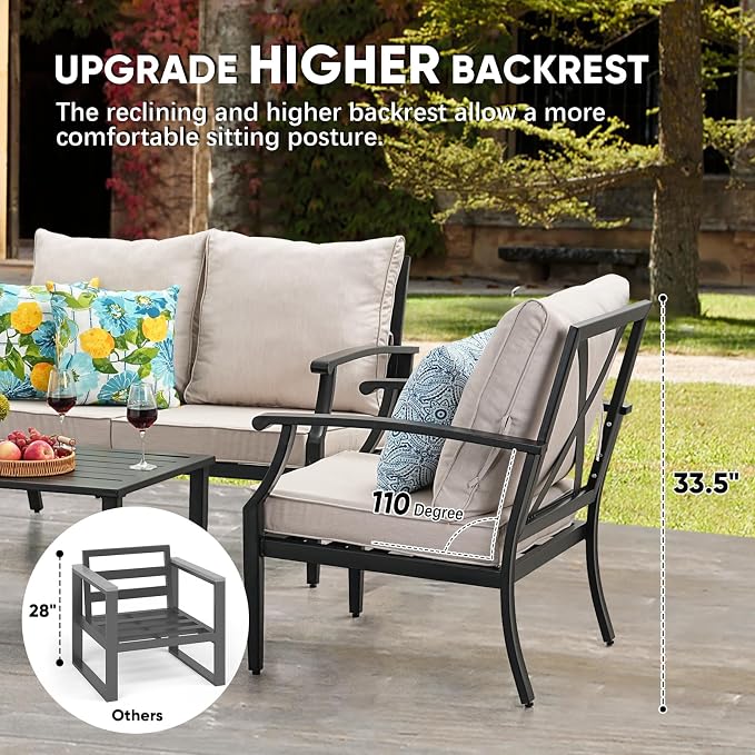 JOYURE 4 Pieces Patio Furniture Set w/loveseat,Coffe Table,Outdoor Conversation Metal Sofa with High Back and Thick Cushion,for Backyard,Garden,Beige