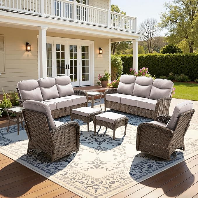 8-Piece Luxury Patio Furniture Set with 6-inch Thick Cushion,Outdoor Wicker Sofa Couch Set of 2 & Swivel Rocker Chairs, Conversation Set for Poolside, Deck & Yard - Gray