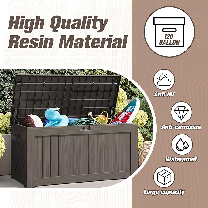 JUMMICO 120 Gallon Resin Deck Box, Large Outdoor Storage Box Waterproof & Lockable for Garden, Patio, Pools (Deep Brown)