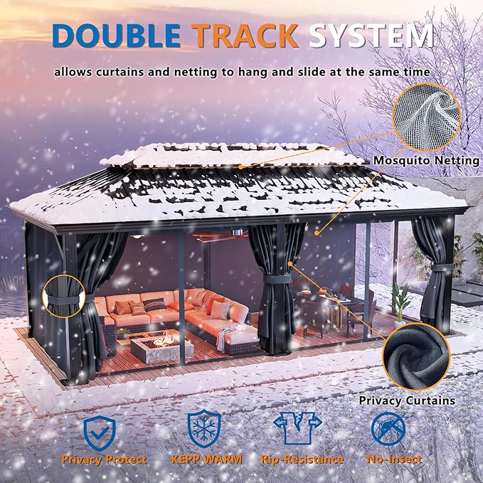 HOTEEL 12x20 Hardtop Gazebo on Clearance with Metal Roof, Heavy Duty Galvanized Steel Patio Hot tub Hard Top Gazebos with Reinforced Frame, with Privacy Curtains and Netting, for Backyard, Black