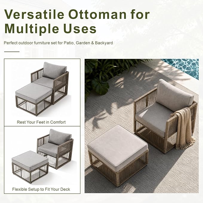 5 Piece Patio Furniture Set, Outdoor Sectional Sofa Set with 2 Ottomans, Coffee Table, Washable Cushions, All Weather Patio Wicker Conversation Set with Arm Chairs for Backyard, Porch, Balcony, Deck