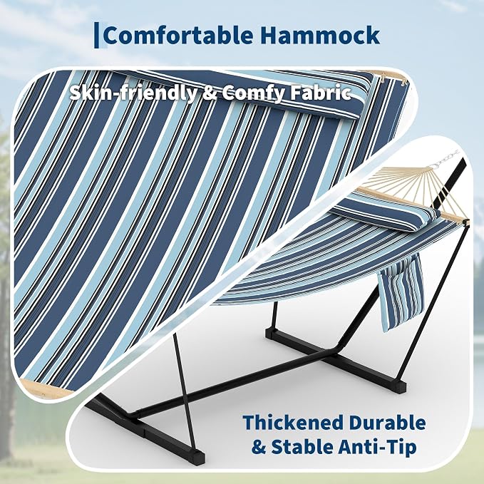 Freestanding Hammock with Heavy Duty Steel Stand, 450 LBS Weight Capacity Double Quilted Hammock Bed with Head Pillow & Side Storage Pocket, Blue for Patio Garden Backyard Beach