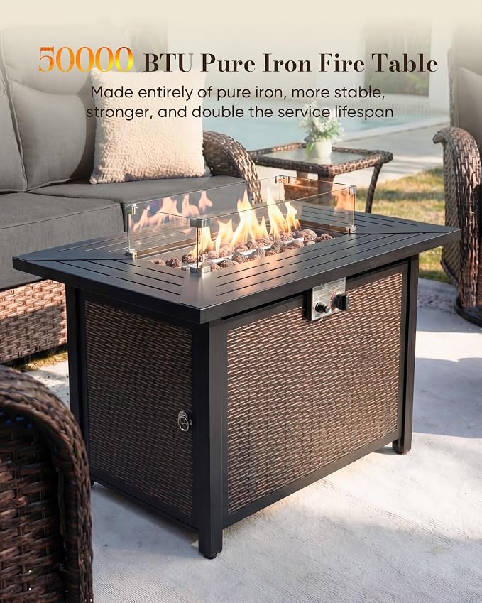 Belord Upgraded 6“ Cushion Luxury Patio Furniture Set with Fire Pit Table - 11 Piece Wicker Outdoor Furniture with High Back Swivel Rocker Patio Chairs, Conversation Set for Deck Porch - Brown/Grey
