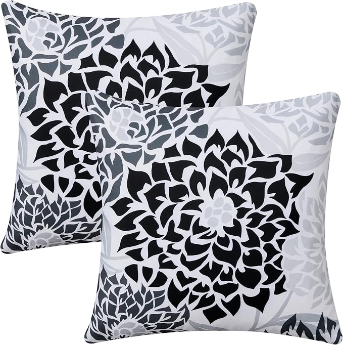 Allorry Outdoor Pillow Covers 18x18 Set of 2 Black Gray Flower Pattern Decoration Throw Pillow Covers for Spring Summer Outdoor Waterproof Furniture Garden Patio Sofa Bedroom Home Decor JB011-B18