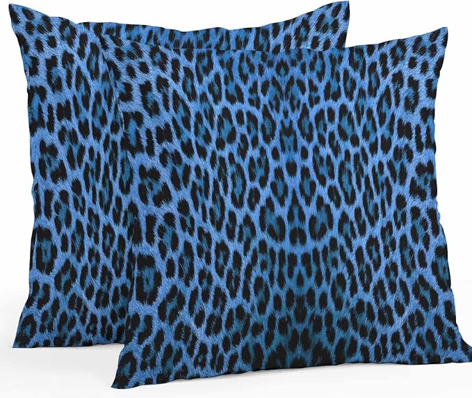 Vandarllin Outdoor Throw Pillows Covers 20x20 inch Set of 2 Waterproof Blue Leopard Print Decorative Zippered Cushion Covers for Patio Furniture, Retro Animal Fur Pattern Lumbar Pillowcases
